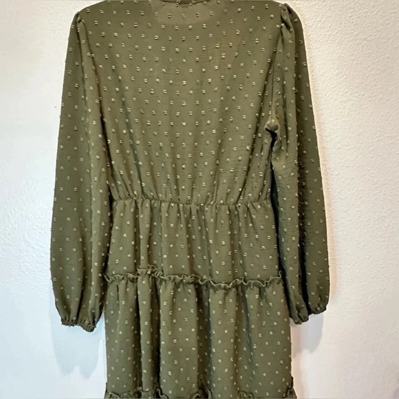 New Womens Dress Green Long Sleeve Tiered Ruffle Mini Boho Fall - Picture 4 of 5